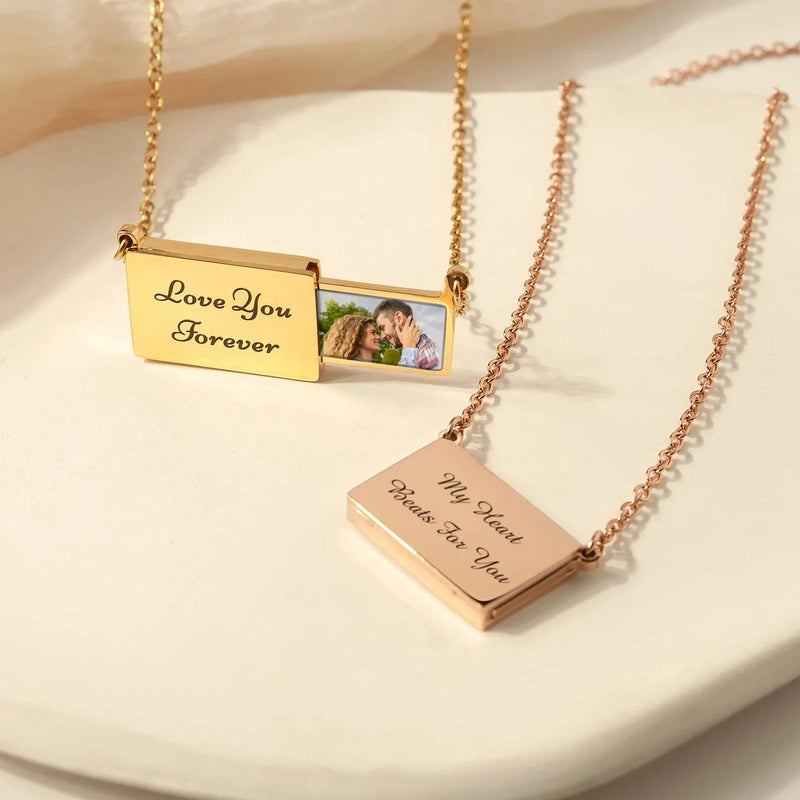 Graduation Gifts - Photo Locket Necklace- Engraved Necklace - Hidden Drawer Photo Necklace - Anniversary Gift for Her - Best Friend Gift