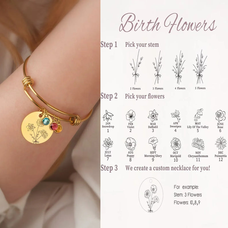 Mom Birthday Gift from Daughter- Combined Birth Flower Bracelet- Personalized Bouquet Flower Bracelet -Personalized Mother Daughter Bracelet