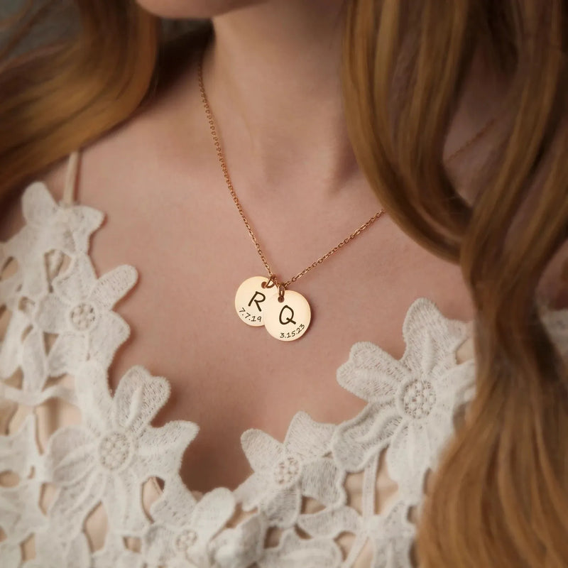 Personalized Mothers Day Gifts - Custom Initial Letter Date Disc Necklace - Engraved Family Minimalist Necklace - Mom Jewelry