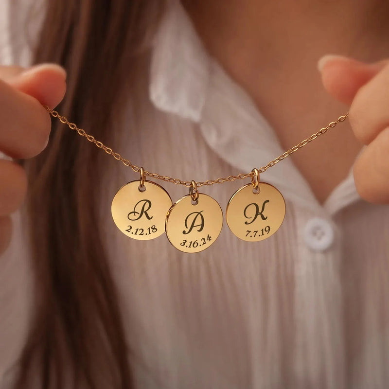 Personalized Mothers Day Gifts - Custom Initial Letter Date Disc Necklace - Engraved Family Minimalist Necklace - Mom Jewelry