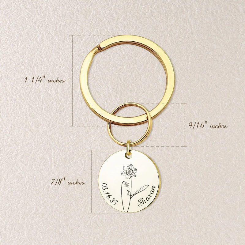 Keychain for Women - Sunflower Keychain Custom Keychain - Engraved Name and Birth Date Keychain - Baby's Breath Keychain Mom Gift
