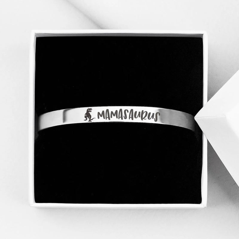 Mothers Day Gifts for Mom from Son - Dinosaur Bracelet - Mom Bracelet Custom Hidden Message - Silver Mamasaurus Cuff Bracelet