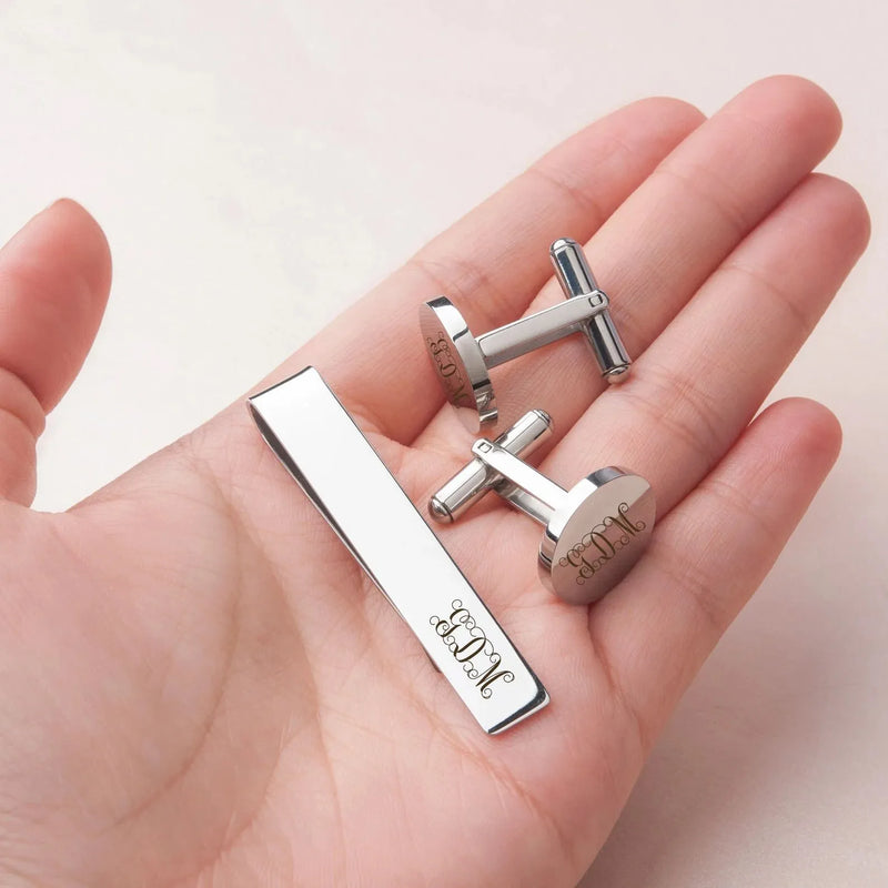 Personalized Name Tie Clip and Cufflink Set - Wedding Gift Tie Clip and Cufflink Set - Monogram Tie Clip With Initial
