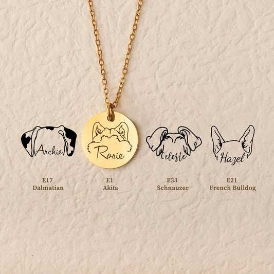 Custom Engraved Dog Ear Necklace - Pet Ears Outline Necklace - Cute Animal Ear Handmade Jewelry Personalized Gift for Mom -3 Charms Necklace