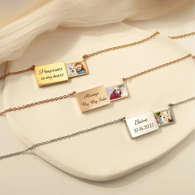 Locket Necklace with Engraving - Hidden Drawer Picture Necklace - Dog Necklace Pet Memorial Jewelry - Secret Photo Necklace Personalized