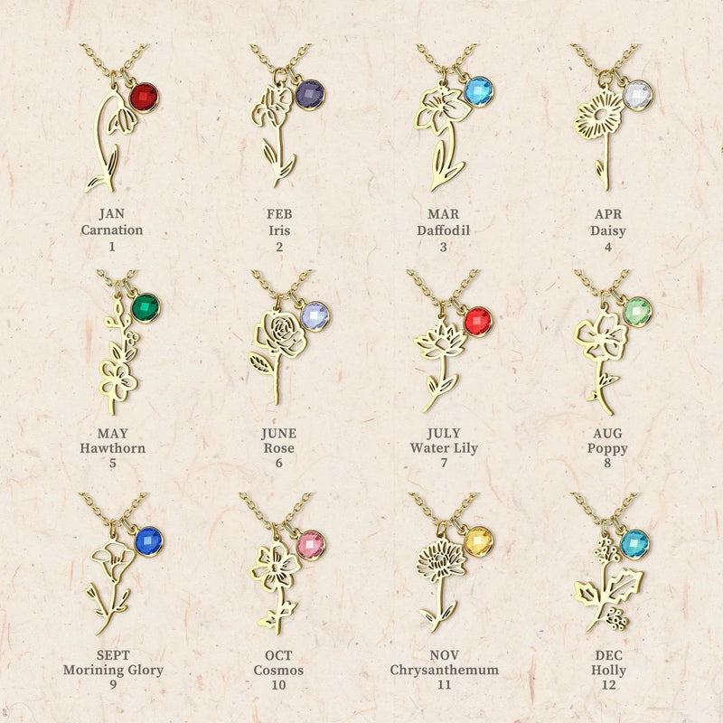 Mothers Day Gifts - Dainty Flower Necklace - Birth flower Birthstone Necklace - Birth Flower Charm Necklace