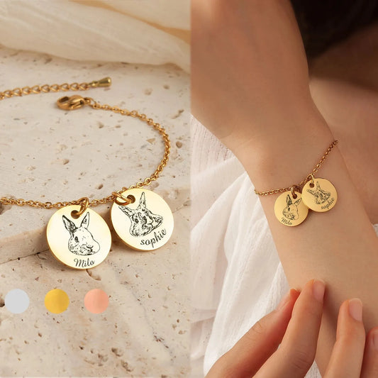 Pet Bracelet for Women - Pet Portrait Custom - Charm Bracelet Engraved Animal Horse Bunny - Pet Memorial Gift - Gifts For Women