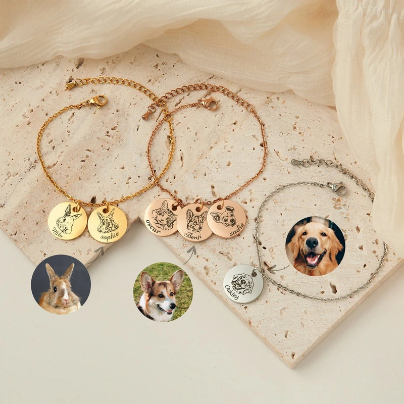 Pet Bracelet for Women - Pet Portrait Custom - Charm Bracelet Engraved Animal Horse Bunny - Pet Memorial Gift - Gifts For Women