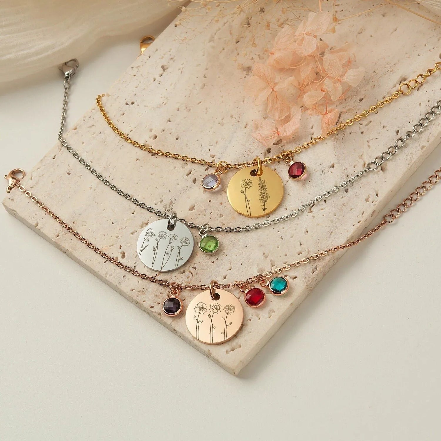 Family Gift - Engraved Combination Birth Flower Bracelet - Birthstone Bracelet - Custom Bracelet 1-4 Flowers - Gift for Mom