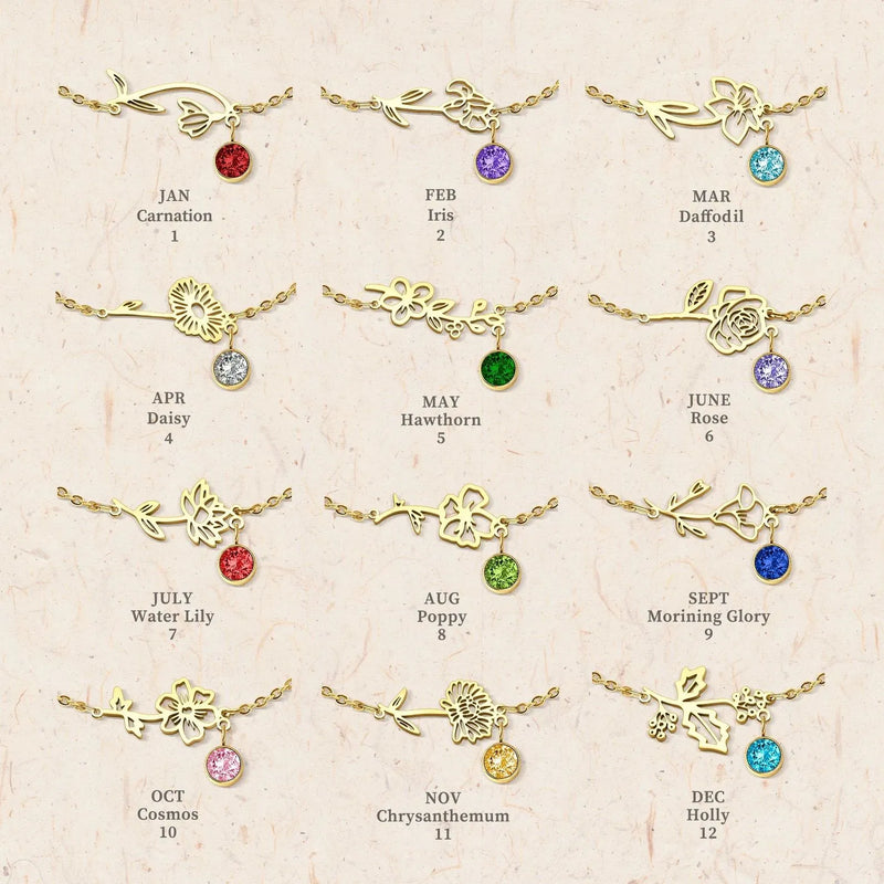 Custom Birth Flower Bracelet • Birthstone Bracelet • Carnation Flower Bracelet • Mothers Day Gifts • Birth Flower Gift for Mom