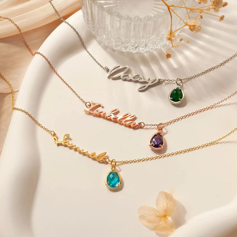 Necklace with Name and Birthstone - Personalized Drop Birthstone Name Necklace - Custom Name Necklace Birthstone - Mothers Day Gift for Wife