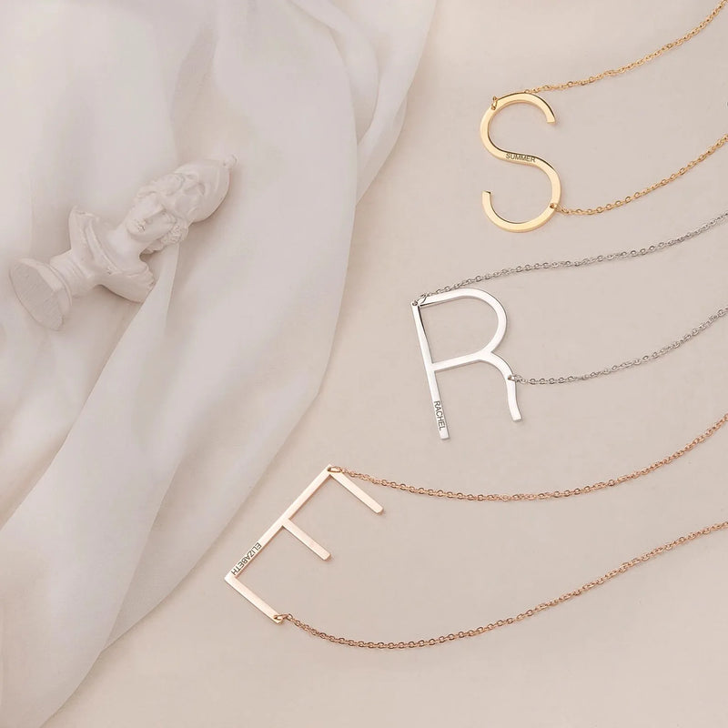 Sideways Initial Necklace Gold - Oversized Letter Sideways Necklace Engraved Name - Big Letter Necklace Engraved New Mom Gifts