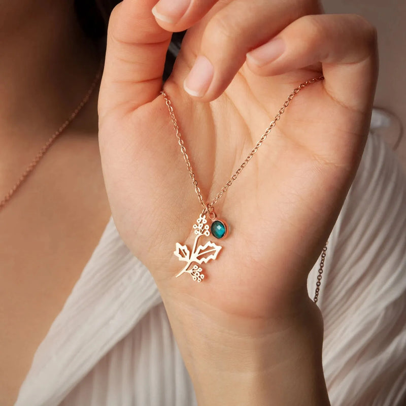 Flower Necklace with Birthstone - Birth Flower Pendant Necklace - Charm Necklace - Personalized Mothers Day Gifts for Mom, Grandma