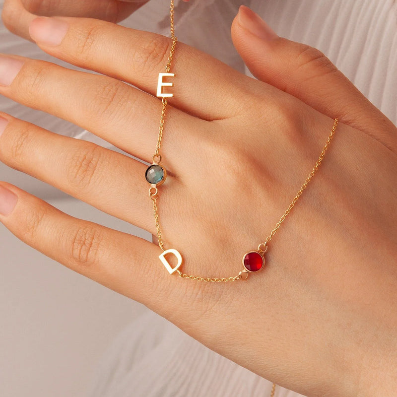 Sideways Initial Necklace - Custom Sideways Letter Necklace with Birthstone - Personalized Jewelry Mothers Day Gift - Mothers Gifts