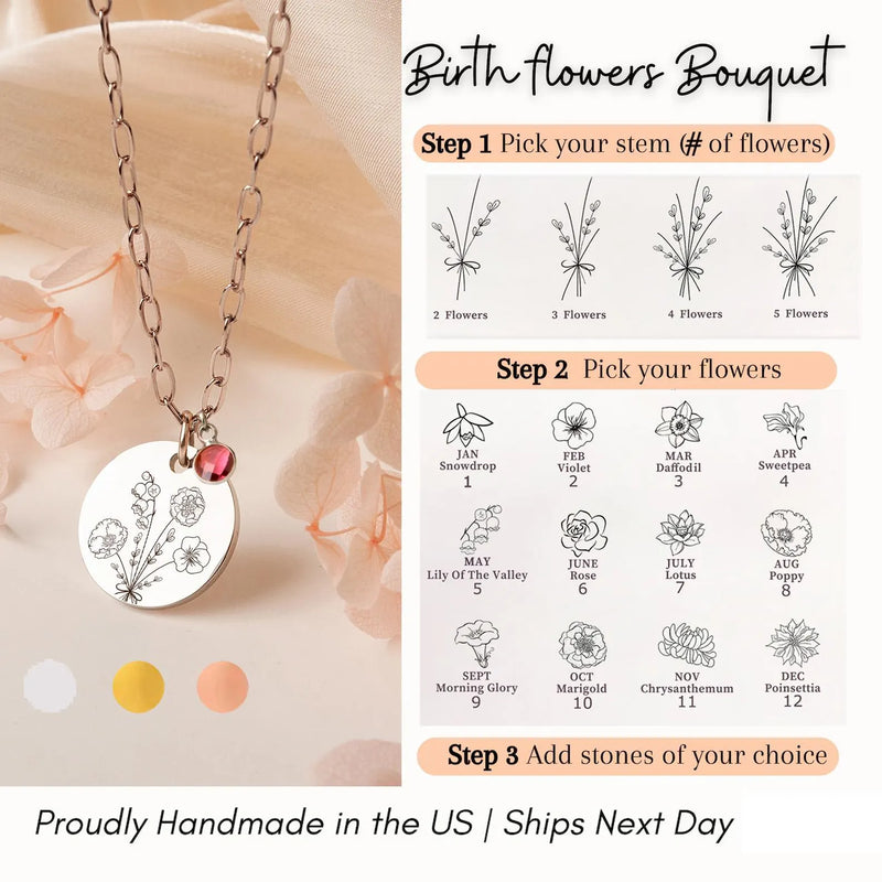 Mothers Day Necklace Handmade Jewelry • Combined Bouquet Flower Necklace • Personalized Necklace Engraved 2, 3, 4, 5 flowers • Gifts For Mom