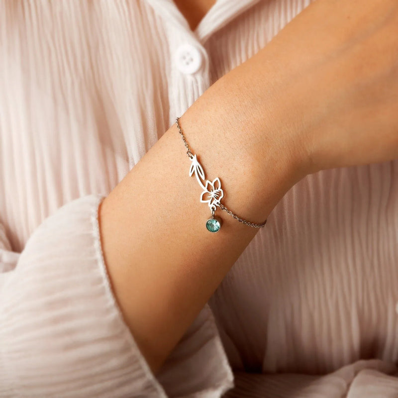 Personalized Birth Flower Bracelet with Birthstone - Floral Jewelry Dainty Flower Charm Bracelet - Handmade Gifts Flower Bracelet for Her