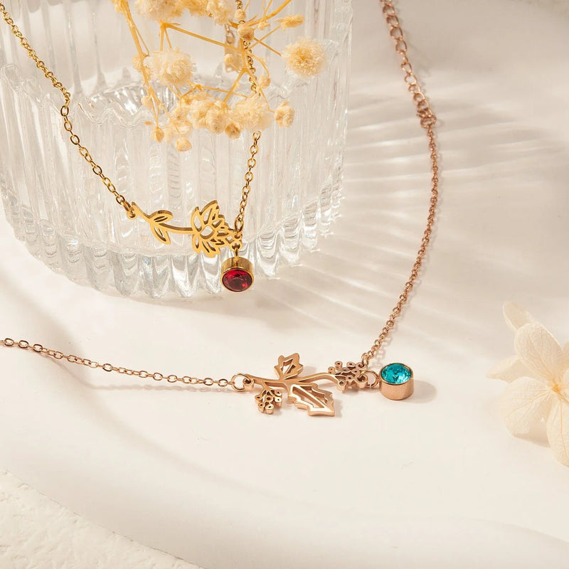 Personalized Birth Flower Bracelet with Birthstone - Floral Jewelry Dainty Flower Charm Bracelet - Handmade Gifts Flower Bracelet for Her