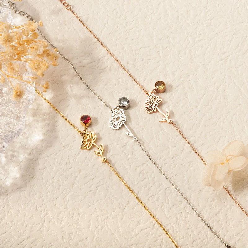Personalized Birth Flower Bracelet with Birthstone - Floral Jewelry Dainty Flower Charm Bracelet - Handmade Gifts Flower Bracelet for Her