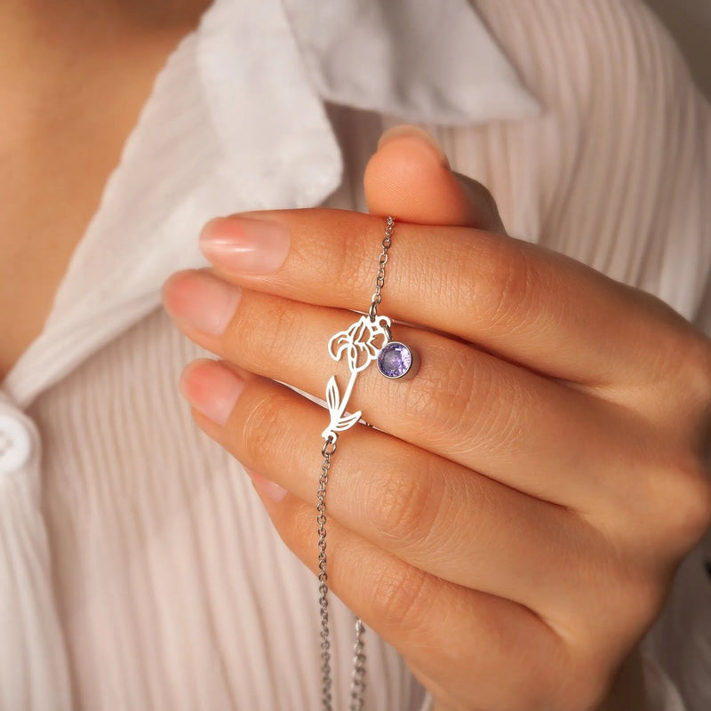 Personalized Birth Flower Bracelet with Birthstone - Floral Jewelry Dainty Flower Charm Bracelet - Handmade Gifts Flower Bracelet for Her