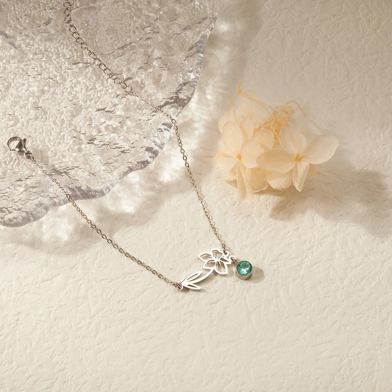 Personalized Birth Flower Bracelet with Birthstone - Floral Jewelry Dainty Flower Charm Bracelet - Handmade Gifts Flower Bracelet for Her