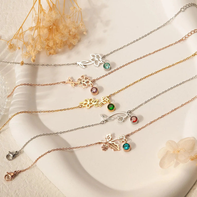 Personalized Birth Flower Bracelet with Birthstone - Floral Jewelry Dainty Flower Charm Bracelet - Handmade Gifts Flower Bracelet for Her