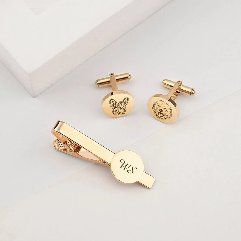 Groom Gift from Bride - Tie Clip and Cufflink Set - Engraved Tie Clip - Custom Portrait Photo Cuff Links - Wedding Gift