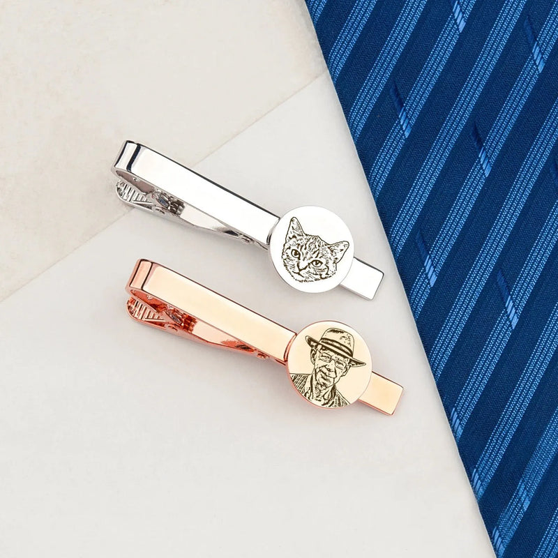 Groom Gift from Bride - Tie Clip and Cufflink Set - Engraved Tie Clip - Custom Portrait Photo Cuff Links - Wedding Gift