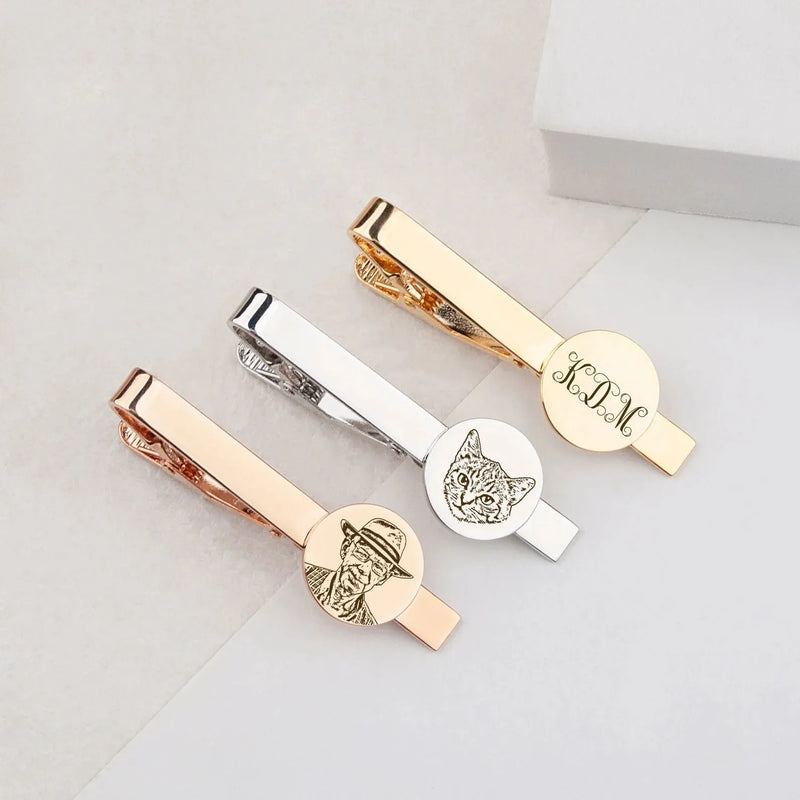 Groom Gift from Bride - Tie Clip and Cufflink Set - Engraved Tie Clip - Custom Portrait Photo Cuff Links - Wedding Gift