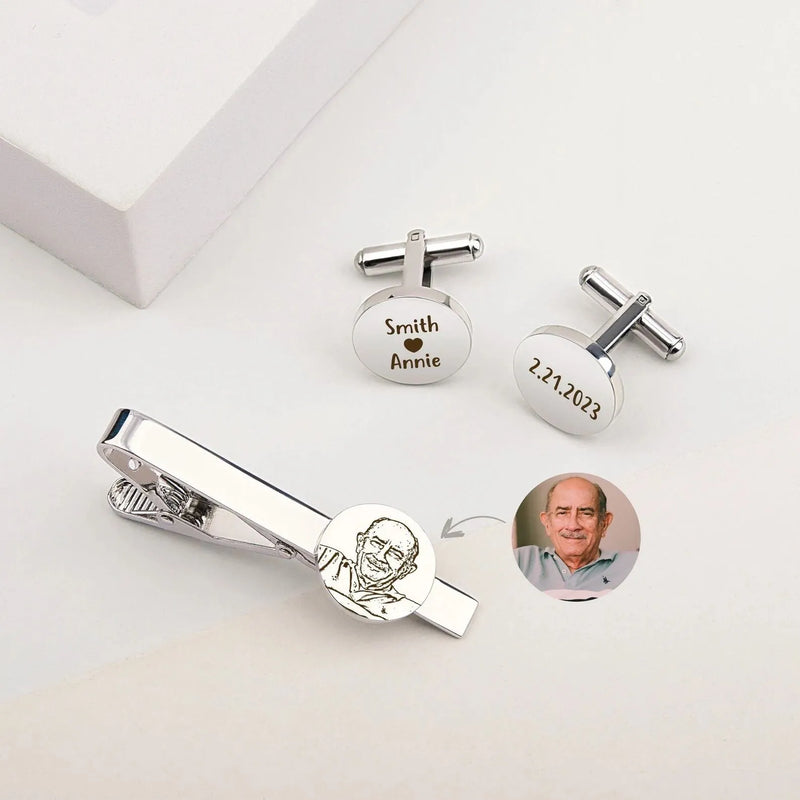 Groom Gift from Bride - Tie Clip and Cufflink Set - Engraved Tie Clip - Custom Portrait Photo Cuff Links - Wedding Gift