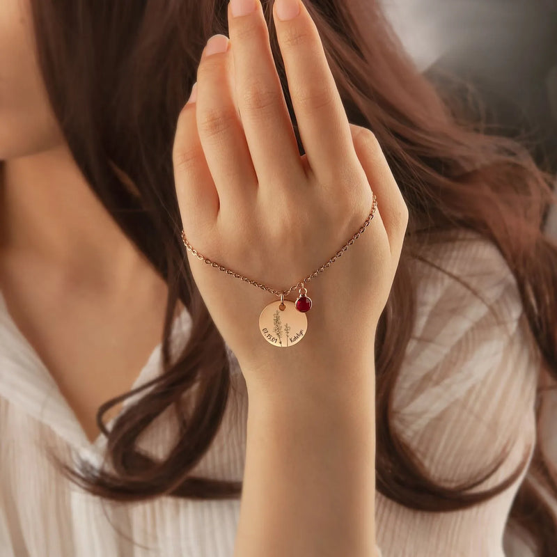 Grandma Gift Memorial Jewelry - Personalized Memorial Bracelet - Birth Flower Bracelet Engraved Name and Birthdate - Bracelets for Women