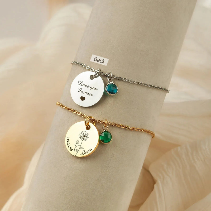 Grandma Gift Memorial Jewelry - Personalized Memorial Bracelet - Birth Flower Bracelet Engraved Name and Birthdate - Bracelets for Women
