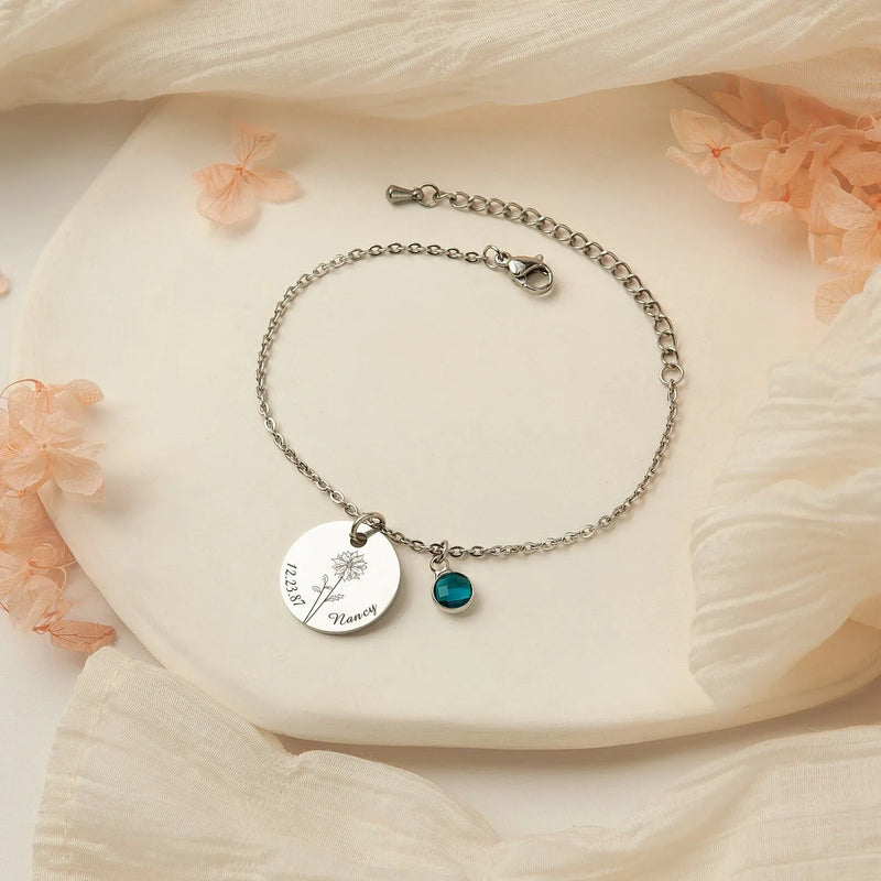 Grandma Gift Memorial Jewelry - Personalized Memorial Bracelet - Birth Flower Bracelet Engraved Name and Birthdate - Bracelets for Women