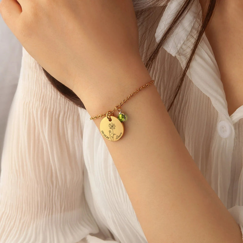 Grandma Gift Memorial Jewelry - Personalized Memorial Bracelet - Birth Flower Bracelet Engraved Name and Birthdate - Bracelets for Women