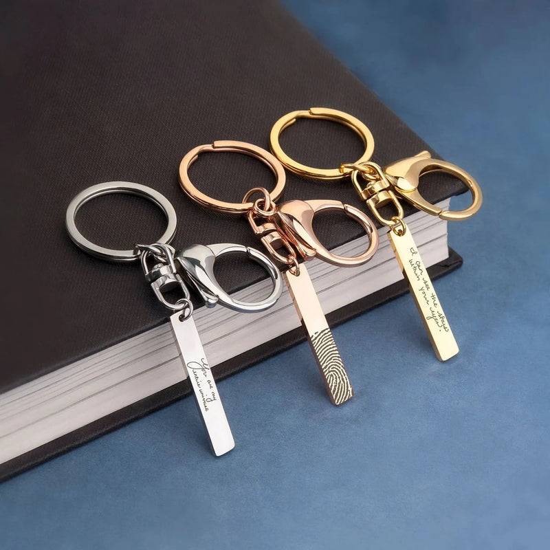 Memorial Gift Custom Fingerprint Keychain - Personalized Handwriting Keychain - Stainless Steel Keychain Vertical Bar Keychain Gifts for Dad