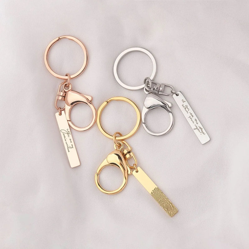 Memorial Gift Custom Fingerprint Keychain - Personalized Handwriting Keychain - Stainless Steel Keychain Vertical Bar Keychain Gifts for Dad