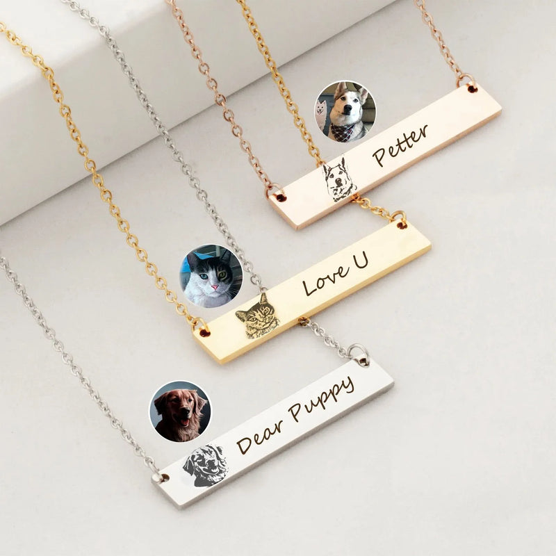 Pet Portrait Custom - Pet Name Bar Necklace - Dog Photo Necklace Personalized - Cat Photo Necklace - Pet Lover Gift Pet Memorial Jewelry Mom