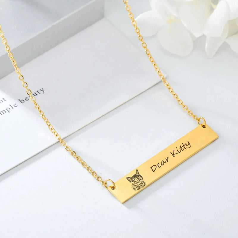 Pet Portrait Custom - Pet Name Bar Necklace - Dog Photo Necklace Personalized - Cat Photo Necklace - Pet Lover Gift Pet Memorial Jewelry Mom
