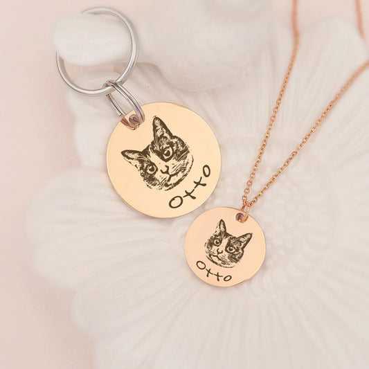 Pet Jewelry - Engraved Pet Portrait Sets - Dog Necklace Custom - Pet Name Keychain - Dog Memorial Jewelry - Cat Mom Gift Grandmother Gift