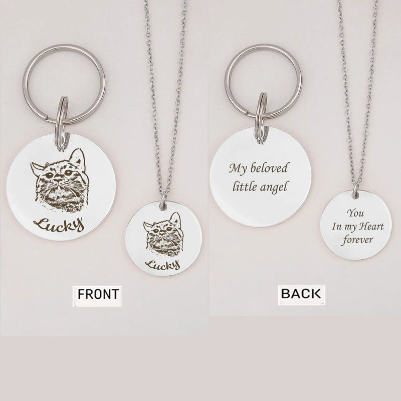 Pet Jewelry - Engraved Pet Portrait Sets - Dog Necklace Custom - Pet Name Keychain - Dog Memorial Jewelry - Cat Mom Gift Grandmother Gift