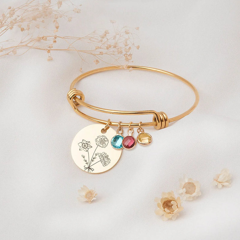 Mom Birthday Gift from Daughter- Combined Birth Flower Bracelet- Personalized Bouquet Flower Bracelet -Personalized Mother Daughter Bracelet