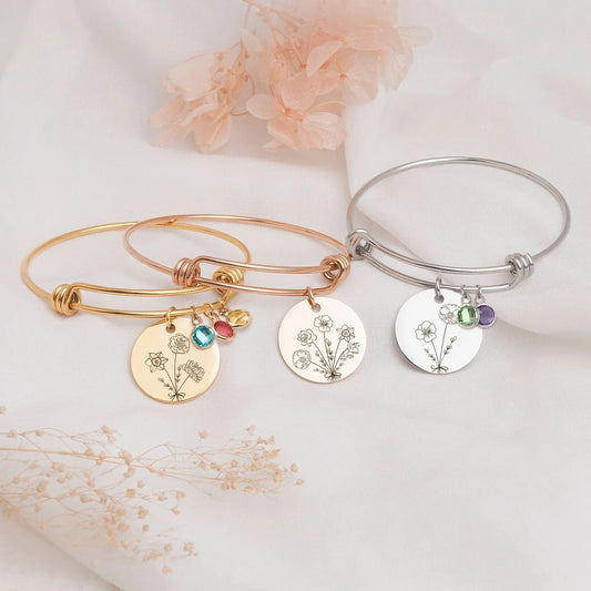 Mom Birthday Gift from Daughter- Combined Birth Flower Bracelet- Personalized Bouquet Flower Bracelet -Personalized Mother Daughter Bracelet