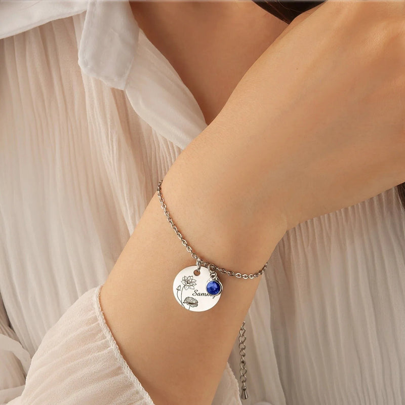 Gift for Mom - Kids Name Bracelet - Birth Month Flower Disc Bracelet - Custom Bracelet Baby’s Breath - Birthstone Bracelet New Mom Gifts