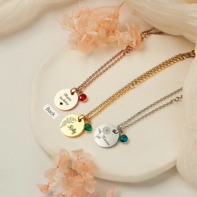 Gift for Mom - Kids Name Bracelet - Birth Month Flower Disc Bracelet - Custom Bracelet Baby’s Breath - Birthstone Bracelet New Mom Gifts