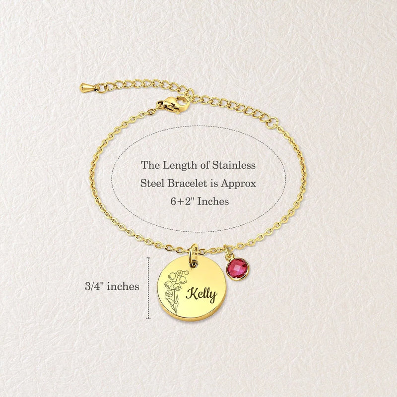 Gift for Mom - Kids Name Bracelet - Birth Month Flower Disc Bracelet - Custom Bracelet Baby’s Breath - Birthstone Bracelet New Mom Gifts