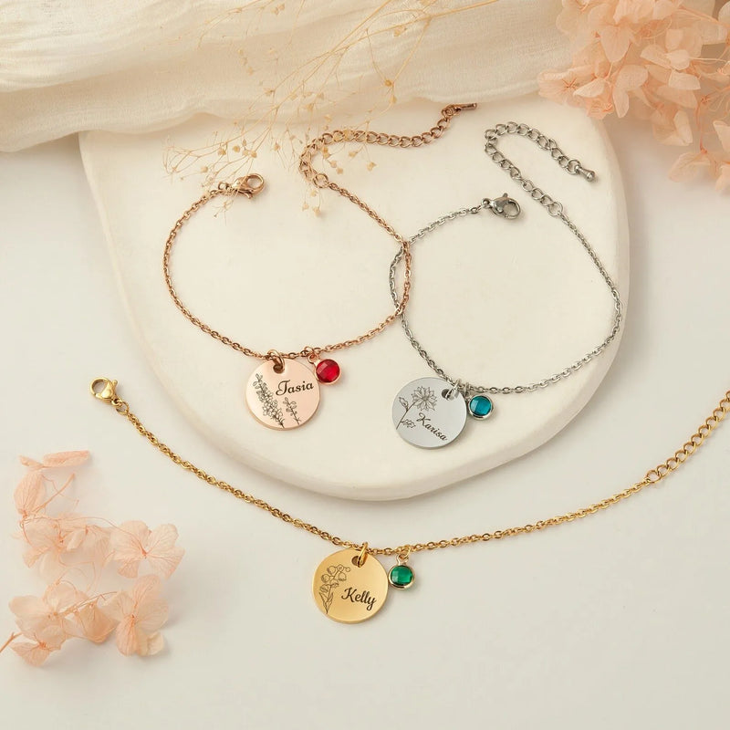 Gift for Mom - Kids Name Bracelet - Birth Month Flower Disc Bracelet - Custom Bracelet Baby’s Breath - Birthstone Bracelet New Mom Gifts