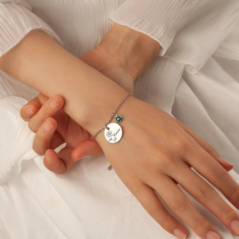 Gift for Mom - Kids Name Bracelet - Birth Month Flower Disc Bracelet - Custom Bracelet Baby’s Breath - Birthstone Bracelet New Mom Gifts