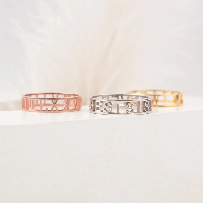 Gold Cutout Ring - Coordinate Ring Custom - Anniversary Ring - Roman Numerals Cutout Ring - Personalized Rings Unique Jewelry