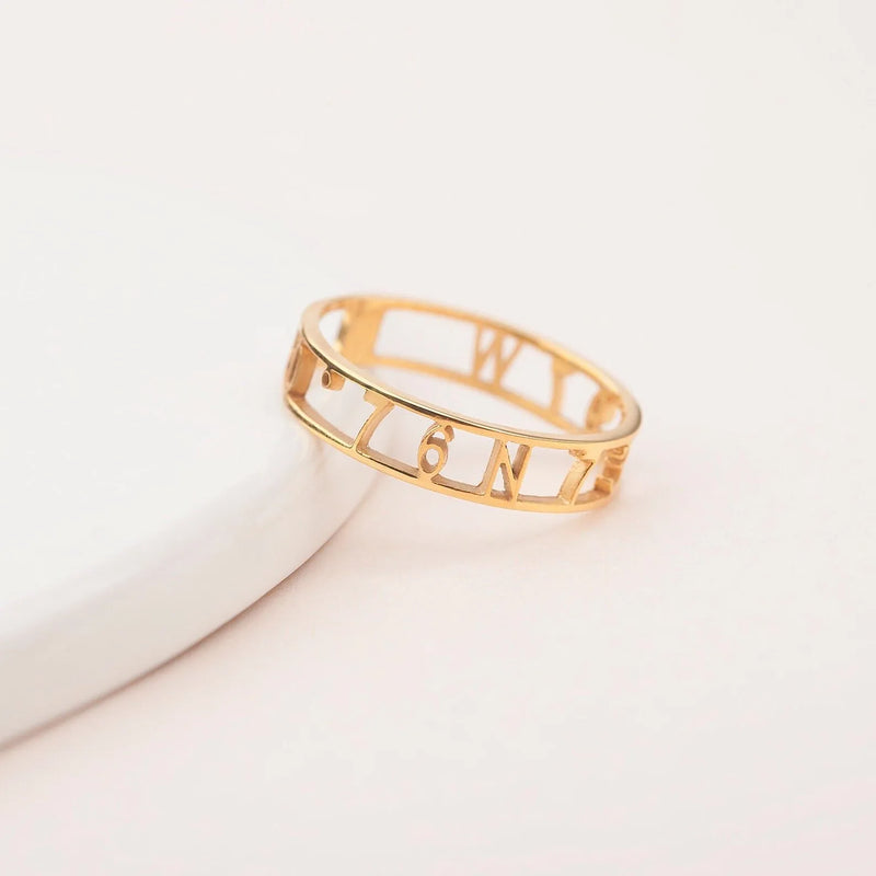 Gold Cutout Ring - Coordinate Ring Custom - Anniversary Ring - Roman Numerals Cutout Ring - Personalized Rings Unique Jewelry