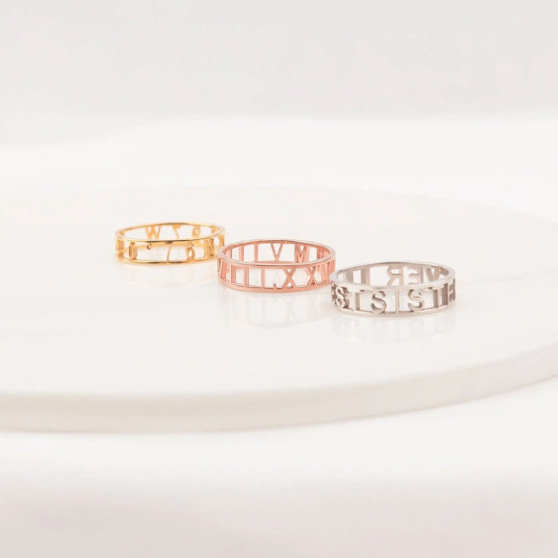 Gold Cutout Ring - Coordinate Ring Custom - Anniversary Ring - Roman Numerals Cutout Ring - Personalized Rings Unique Jewelry