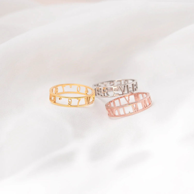 Gold Cutout Ring - Coordinate Ring Custom - Anniversary Ring - Roman Numerals Cutout Ring - Personalized Rings Unique Jewelry